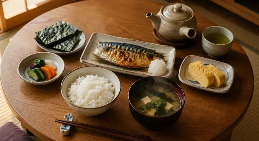 Japońskie śniadanie: ryż, grillowana makrela, zupa miso, tamagoyaki, nori i marynowane warzywa. Smaki Azji na talerzu.