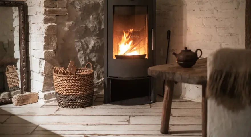 Stufa a pellet senza presa d'aria, con fiamme vive, accanto a un cesto di legna e un tavolino rustico.