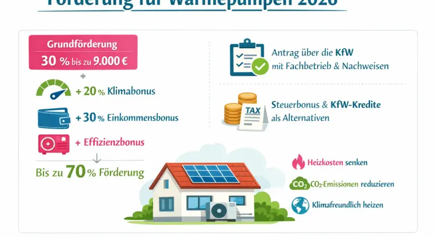 Fördermöglichkeiten für Wärmepumpen: Bis zu 70% Zuschuss, Klimabonus, Einkommensbonus, Effizienzbonus. Senkt Heizkosten und CO2-Emissionen.