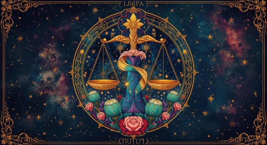 Złota waga na tle kosmosu, symbolizująca horoskop dzienny Waga. Kwiaty i gwiazdy tworzą magiczną oprawę.