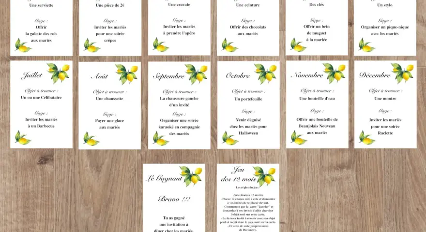 Cartes de jeu "Les 12 mois" avec des citrons, proposant des objets à trouver et des gages pour chaque mois. Un gage jeux des 12 mois à imprimer gratuit pour animer une fête.