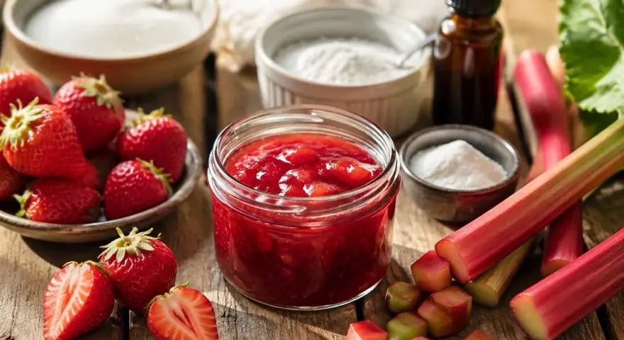 Erdbeeren und Rhabarber: welche Frucht passt zu Rhabarber? Hier ist die Antwort: Erdbeeren! Zutaten für Marmelade.