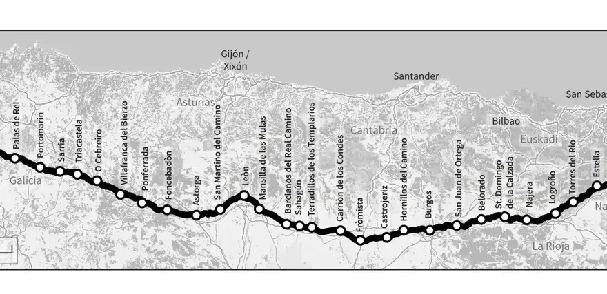 Mappa del cammino di Santiago italiano, con tappe da Santiago de Compostela a Saint Jean PdP.