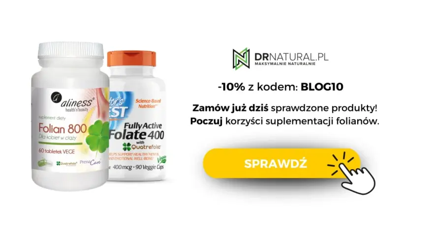 Dwa suplementy diety z witaminą B9 (folianem): Aliness Folian 800 dla kobiet w ciąży i Doctor's Best Fully Active Folate 400.