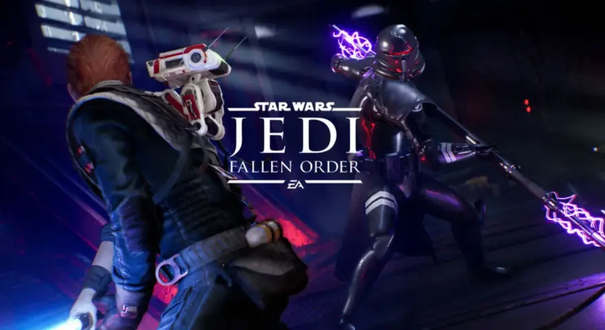 Cal Kestis z mieczem świetlnym i droidem walczy z Inkwizytorem. Star Wars Jedi: Fallen Order czas gry.