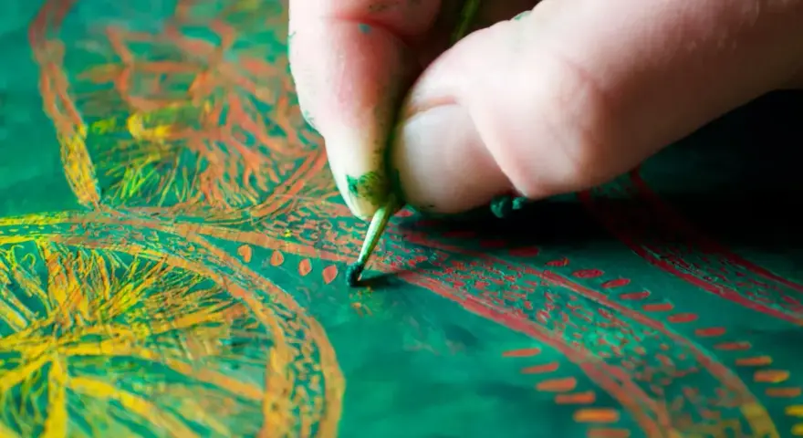 Main d'un artiste peintre travaillant sur une peinture à l'huile aux couleurs vives.