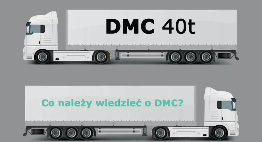 Dwa zestawy ciężarowe. Górny z napisem "DMC 40t", dolny pyta "Co należy wiedzieć o DMC?". Maksymalne DMC w Polsce to 40 ton.