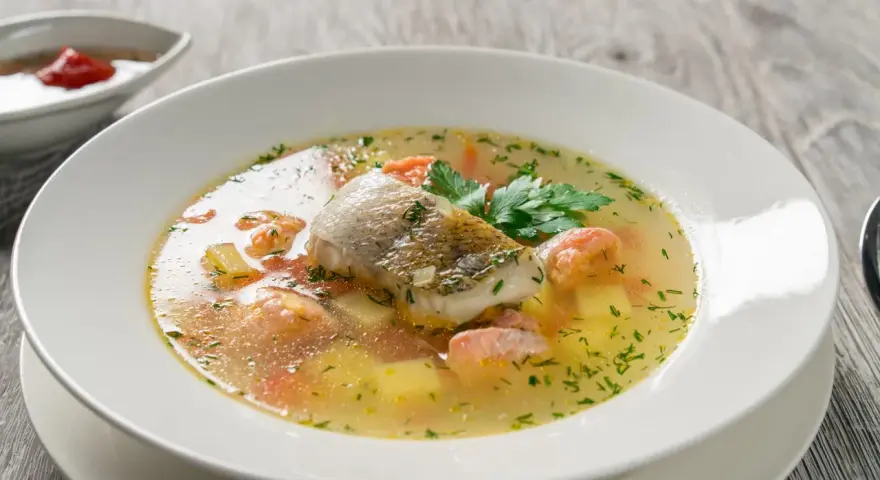 Aromatyczna zupa rybna, przepis babci, z kawałkami ryby, ziemniakami i marchewką, ozdobiona natką pietruszki.