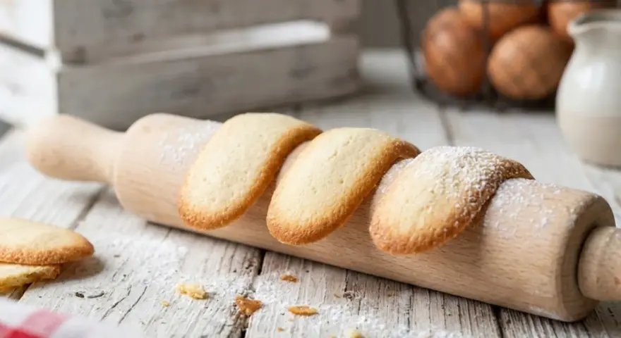 Biscotti a forma di lingue di gatto, spolverati di zucchero a velo, adagiati su un matterello di legno.