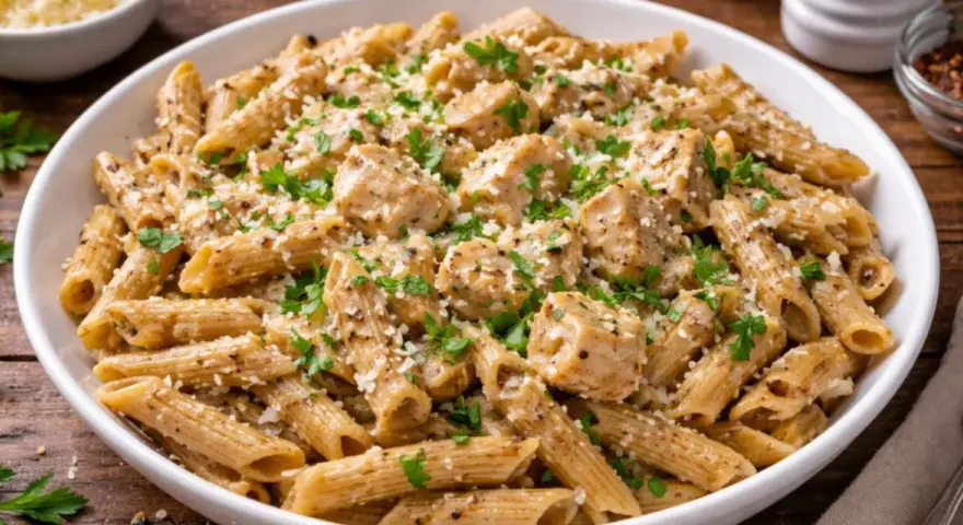 Pyszne danie z makaronem pełnoziarnistym penne, kawałkami kurczaka i parmezanem, posypane świeżą natką pietruszki.