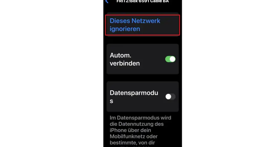 iPhone-Einstellungen: "Dieses Netzwerk ignorieren" Option hervorgehoben.