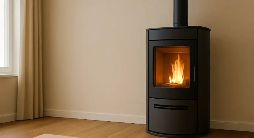 Stufa a pellet moderna con fiamme vive, un vero bonus per un ambiente caldo e accogliente.