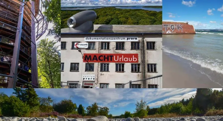 Ein Aussichtsturm, das Dokumentationszentrum Prora mit der Aufschrift "Macht Urlaub", ein Graffiti-bedeckter Mauerrest am Meer und ein steiniger Strand.
