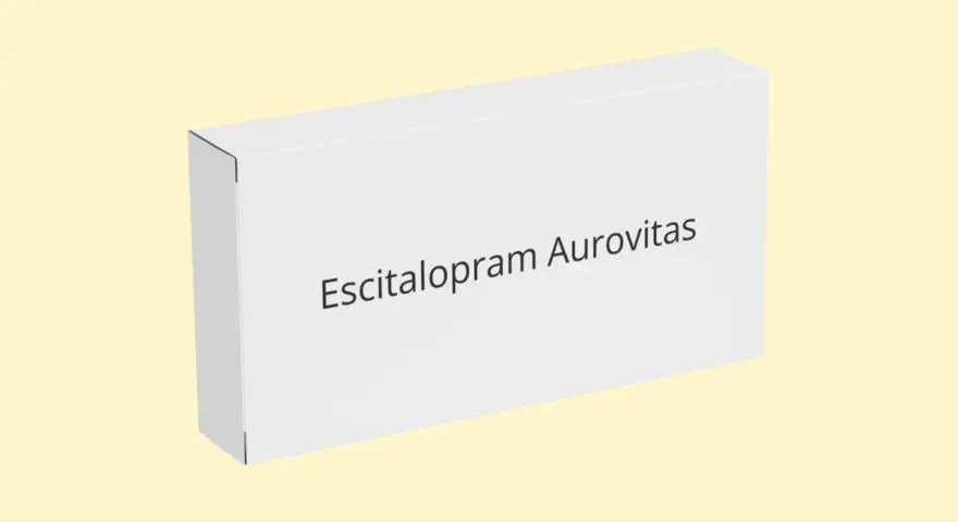 Białe pudełko leku Escitalopram Aurovitas, który pomaga w leczeniu depresji i zaburzeń lękowych.