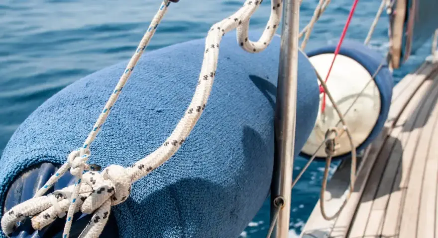 Blauer Fender am Boot befestigen mit Seilen. Das Boot gleitet auf dem blauen Meer.