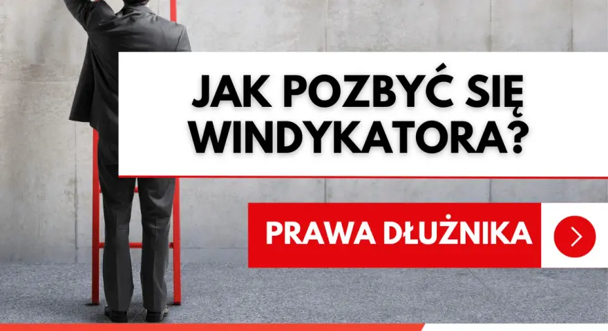 Mężczyzna w garniturze stoi przed drabiną, zastanawiając się, jak uwolnić się od firmy windykacyjnej. Tekst: "Jak pozbyć się windykatora?".
