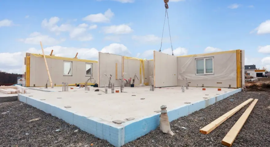 Budowa domu z prefabrykowanych paneli ściennych, widoczny fundament i dźwig.