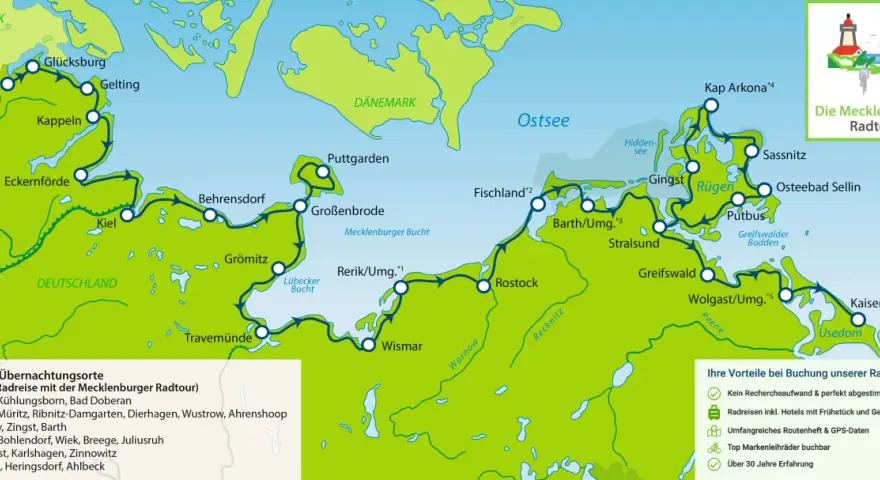 Karte der Mecklenburger Radtour entlang der Ostsee von Dänemark bis Usedom. Entdecke die Küste auf dem Ostsee Radweg!