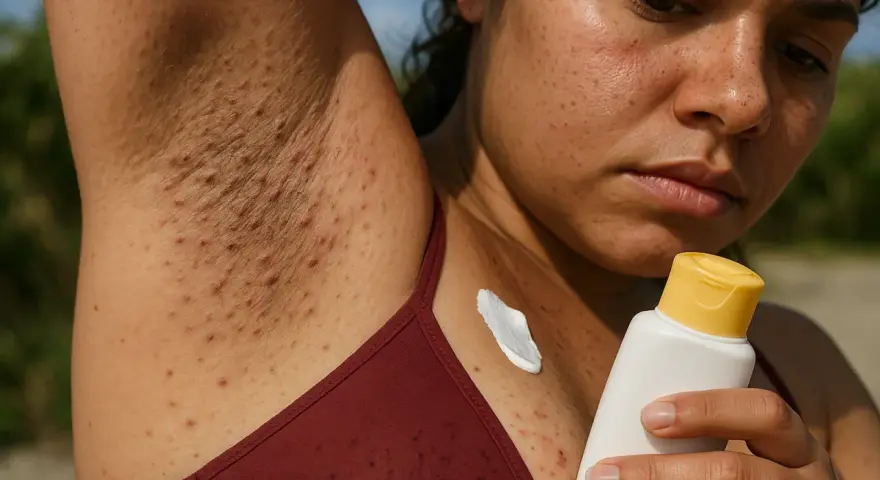 Axila con vellos incipientes y granitos. Una mujer mira con preocupación una crema, quizás pensando que si te depilas sale más pelo.