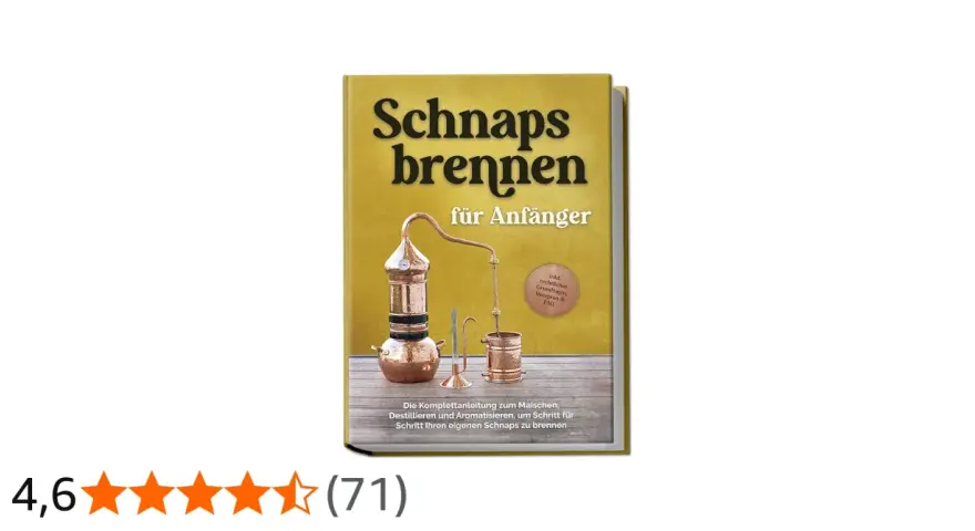 Buchcover "Schnaps brennen für Anfänger" mit Kupfer-Destillierkolben. Enthält Anleitungen und Rezepte zum Schnaps brennen.