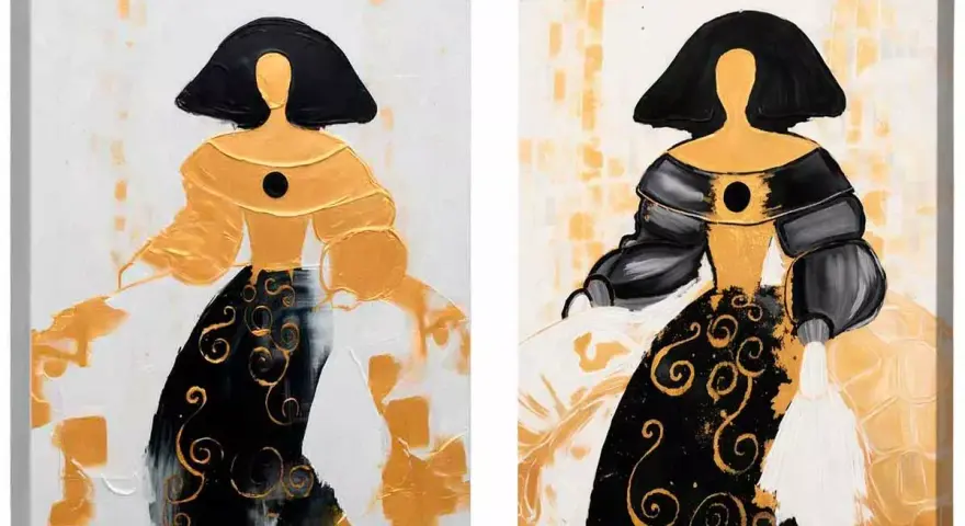Dos lienzos abstractos de figuras femeninas con vestidos dorados y negros. Arte moderno para hacer lienzo.