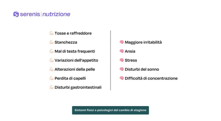 Elenco di sintomi fisici e psicologici del cambio di stagione: tosse, stanchezza, mal di testa, irritabilità, ansia, stress, disturbi del sonno e concentrazione.