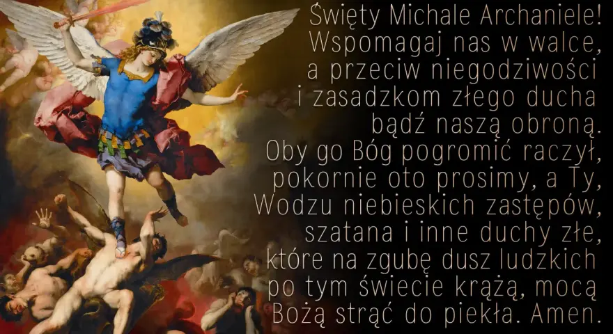 Święty Michale Archaniele, egzorcyzm. Archanioł walczy ze złymi duchami, pokonując je.