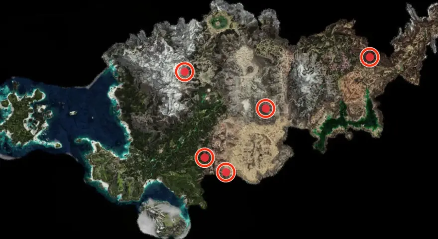 Mapa de los terrenos de caza de Horizon Forbidden West, con puntos rojos marcando ubicaciones clave para la aventura.