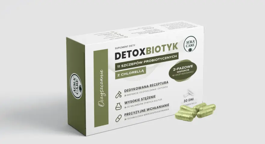 Opakowanie suplementu diety Detoxbiotyk z chlorellą, wspierające oczyszczanie. Zawiera 11 szczepów probiotycznych.