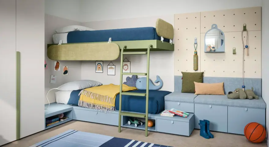 Letto a castello da che età? Questa cameretta colorata con letti a castello, divanetto e tanti giochi è perfetta per bambini dai 6 anni in su.