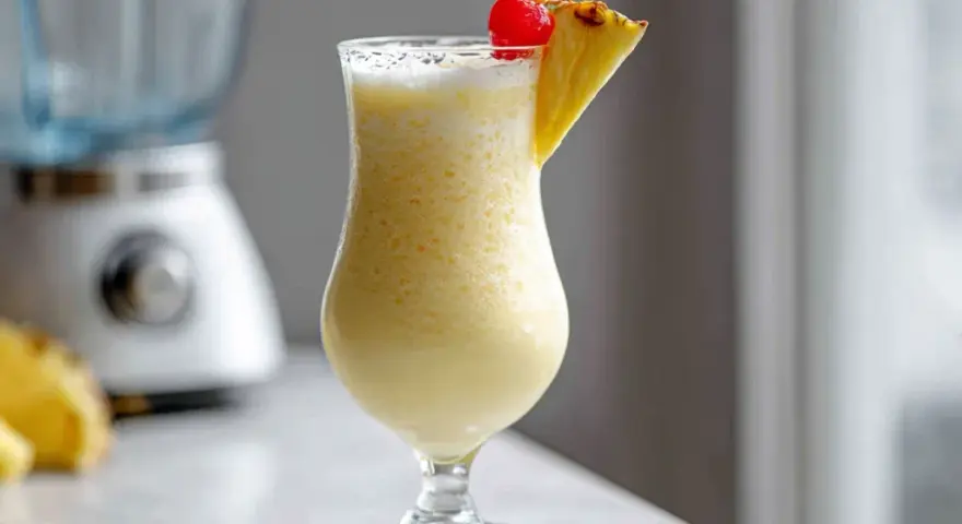 En krämig pina colada i ett glas, garnerad med ananas och ett körsbär. Perfekt för en solig dag!