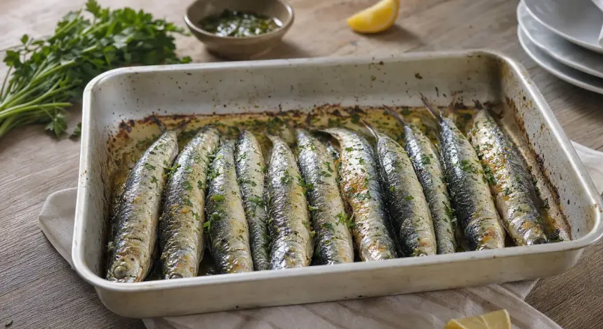 Sardinas al horno recién salidas del horno, con perejil picado y un toque de limón. ¡Un plato delicioso y saludable!