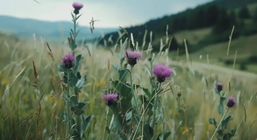 Łąka pełna ostropestu plamistego. Dowiedz się, jak stosować ostropest plamisty mielony, by czerpać z jego dobrodziejstw.