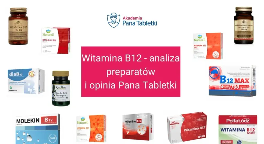 Kolaż opakowań suplementów z witaminą B12, z napisem "Witamina B12 - analiza preparatów i opinia Pana Tabletki".