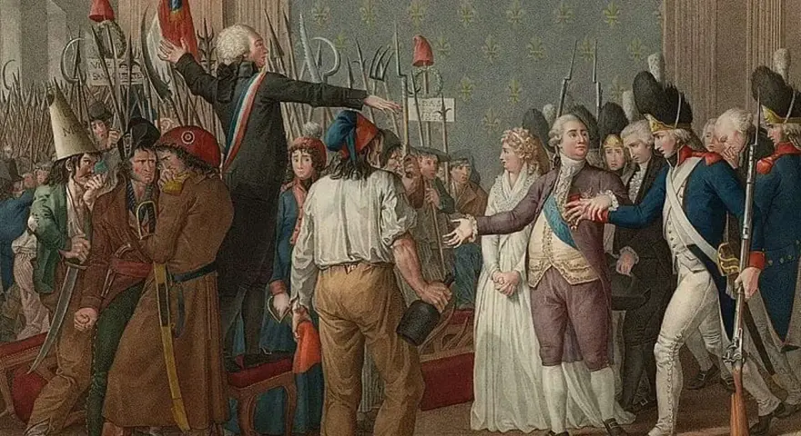 Multitud enardecida, con picas y gorros frigios, confronta a la realeza. Un líder con banda tricolor, símbolo de la Revolución Francesa, arenga.