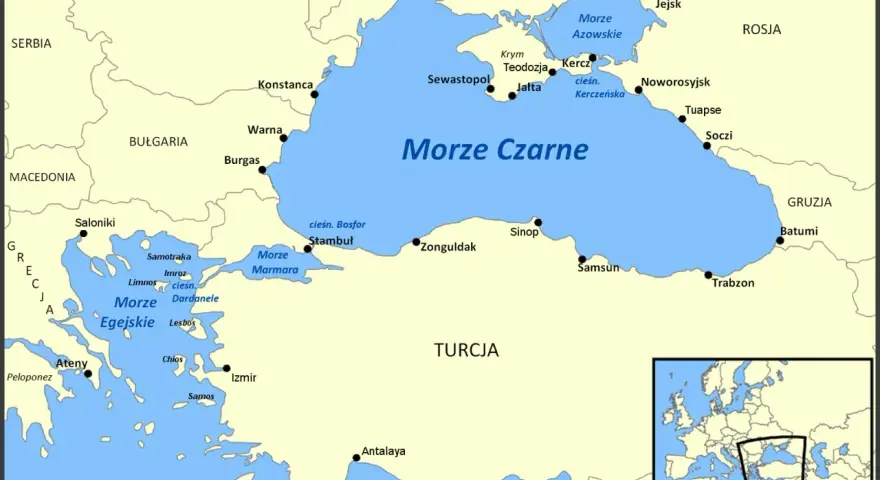Bułgaria leży nad Morzem Czarnym. Mapa pokazuje wybrzeże z Warną i Burgas.