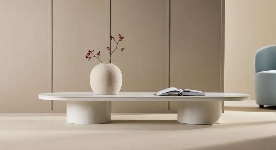 Vitt, ovalt soffbord med en vas med blommor och en öppen bok. Perfekt för att visa soffbord mått i ett stilrent hem.