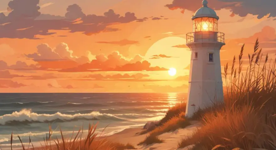 Leuchtturm bei Sonnenuntergang an der Ostsee. Wustrow Geheimtipps: Ein malerischer Strand mit Dünen und Wellen, der Leuchtturm strahlt warmes Licht.