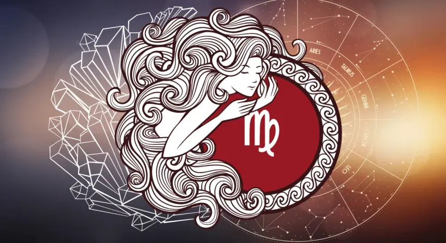 Symbol Panny, znaku zodiaku 4 września, otoczony spiralnymi włosami i kryształami. W tle koło zodiaku.