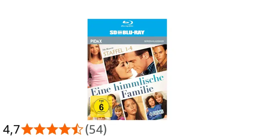 Blu-ray-Box "Eine himmlische Familie" mit Darstellern der Serie. Enthält Staffel 1-4 auf 4 Discs.