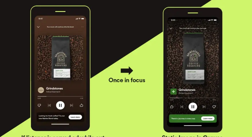 Spotify Canvas: Zwei Handy-Screens zeigen Werbung für Kaffee. Links ein Standard-Asset, rechts ein immersives Erlebnis.