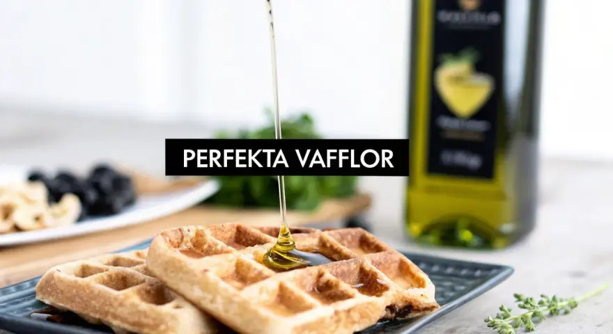 Perfekta våfflor med sirap som ringlas över. En flaska olja och frukt i bakgrunden. Ett enkelt våffelmix recept för alla.
