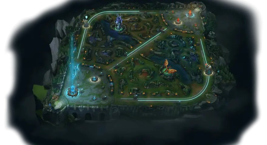 Mapa gry League of Legends z widocznymi ścieżkami, wieżami i bazami.