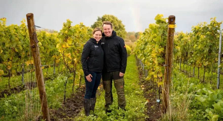 Ein Paar steht lächelnd in einem Weinberg in Schleswig-Holstein. Im Hintergrund ist ein Regenbogen zu sehen.