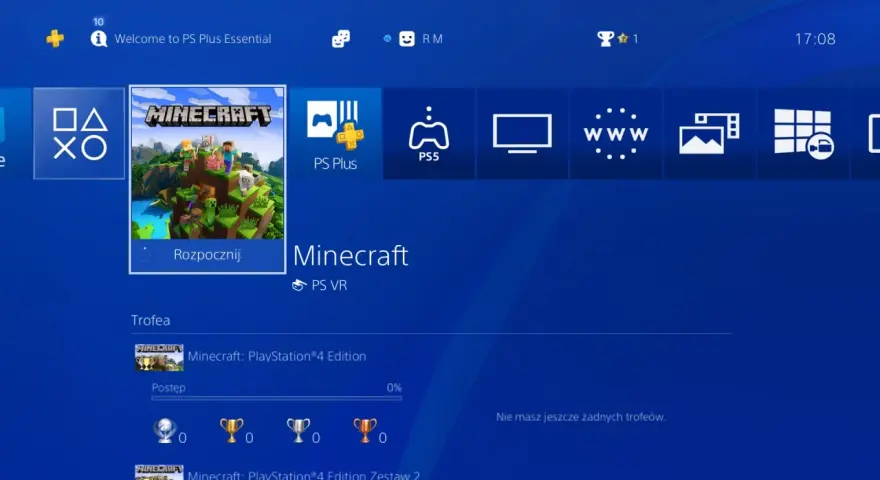 Ekran PlayStation z grą Minecraft. Możliwość gry z innymi graczami dzięki funkcji **minecraft cross play**.