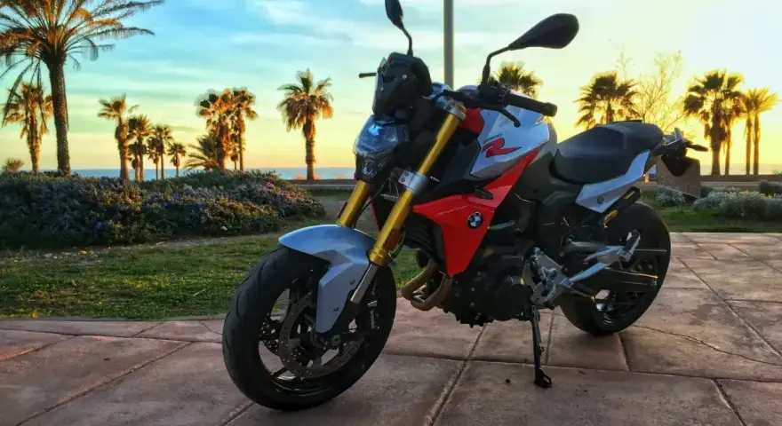 BMW F900R na tle palem i zachodzącego słońca. Idealny motocykl na wakacyjne przejażdżki.