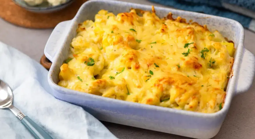 Herzhafter blumenkohl kartoffel auflauf mit geschmolzenem Käse und Petersilie garniert, bereit zum Servieren.