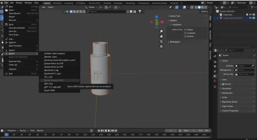 Wybieranie opcji "Motion Capture (.bvh)" z menu "Export" w programie Blender, aby zapisać plik stp.