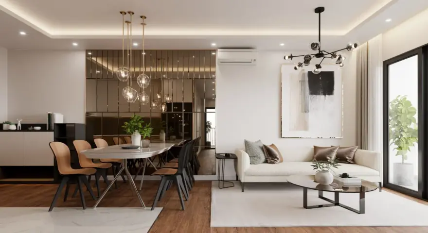 Nowoczesny bungalow z jadalnią i salonem. Lustrzana ściana odbija wiszące lampy, a wygodna sofa zaprasza do relaksu.