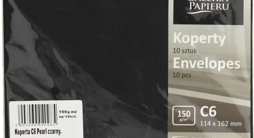 Opakowanie czarnych kopert C6 Pearl, 10 sztuk, 150 g/m². Idealne do wysyłki ważnych dokumentów.
